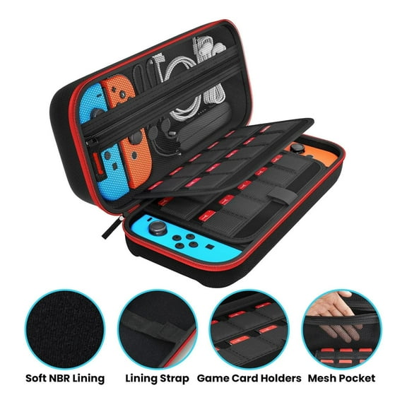 Carry Case for Switch OLED and Nintendo Switch with 20 Game Cards Holder,Protective Hard Shell Portable Switch Travel Game Bag for Accessories and Games,Red Zipper