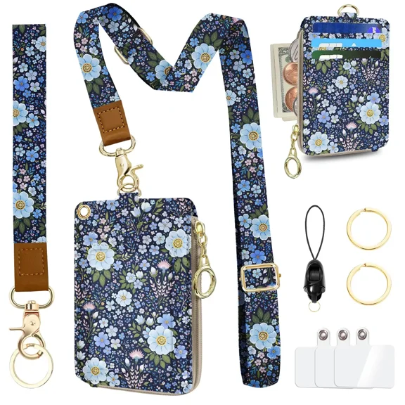 Carry Essentials Easily Leather Zipper Lanyard Wallet for Women, RFID Badge Holder, Adjustable Lanyard with Id Holder, Blue Flower with Wristlet Strap and Keychain for Teacher Work Office Gift