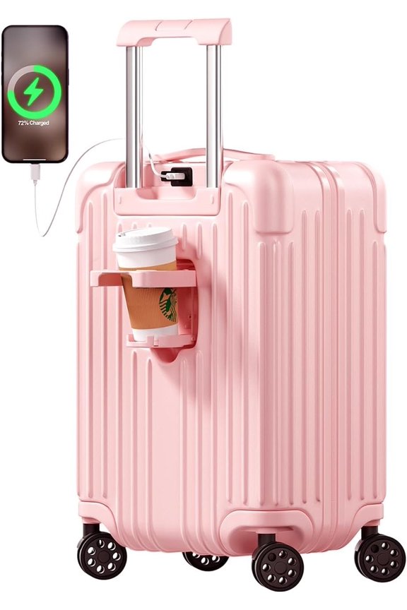Carry Luggage 20 Inch Suitcases with Spinner Wheels Hardside Luggages Cup Holder Carry Suitcase USB Charger Port PC+ABS with TSA Lock