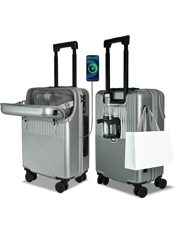 Carry on Luggage Airline Approved, 20 inch Hardshell PC Carry on Suitcases with Wheels, Carry-on Luggage for The Business Trip with Front Pocket, Combination Lock, Cup Holder and USB Port