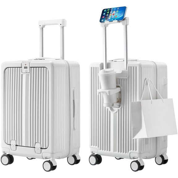 Carry on Luggage, Hard Shell Suitcase with Spinner Wheels, 20 Inch Airline Approved Suitcases with Front Pocket, Expandable Rolling Suit Case with TSA Lock, USB Port, Cup Holder - White