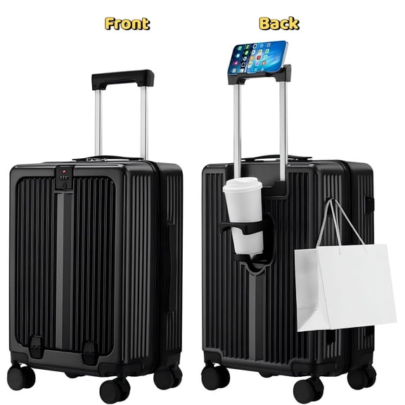 Carry on Luggage, Hard Shell Suitcase with Spinner Wheels, 20 Inch Airline Approved Suitcases with Front Pocket, Expandable Rolling Suit Case with TSA Lock, USB Port, Cup Holder - Black
