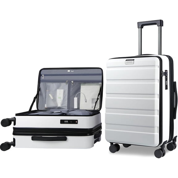 Carry  Luggage with Spinner Wheels & Built-in TSA Lock, Expandable Top Opening Hard Shell Suitcase Large Capacity Durable Rolling Luggage with USB Port, Carry- 20-Inch, White