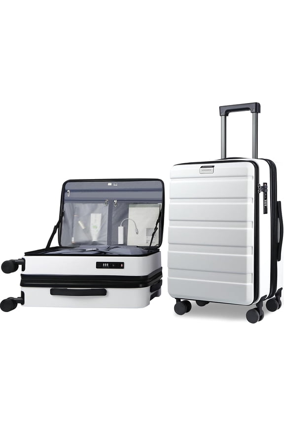 Carry  Luggage with Spinner Wheels & Built-in TSA Lock, Expandable Top Opening Hard Shell Suitcase Large Capacity Durable Rolling Luggage with USB Port, Carry- 20-Inch, White
