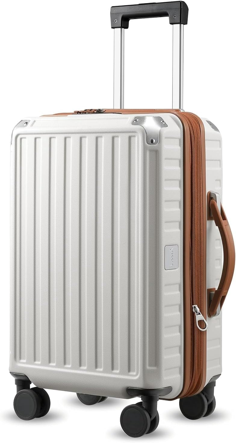 Carry On Luggage 22x14x9 Airline Approved, PC Expandable Hard Shell Suitcases with Spinner Wheels, 20 Inch, White Brown