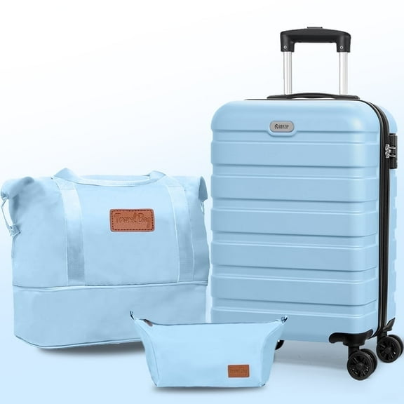 3 Pieces Luggage Sets(20"carry on+bags),PC+ABS Hardshell Lightweight Suitcase with TSA Lock,LightBlue