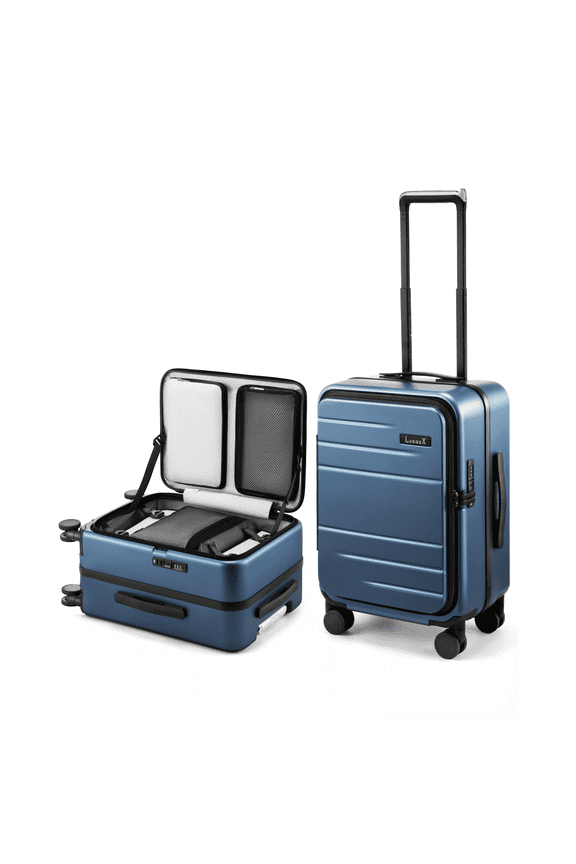 Carry On Luggage Aluminum Frame Top Opening,Polycarbonate Hardside Trunk Style Suitcase,Blue