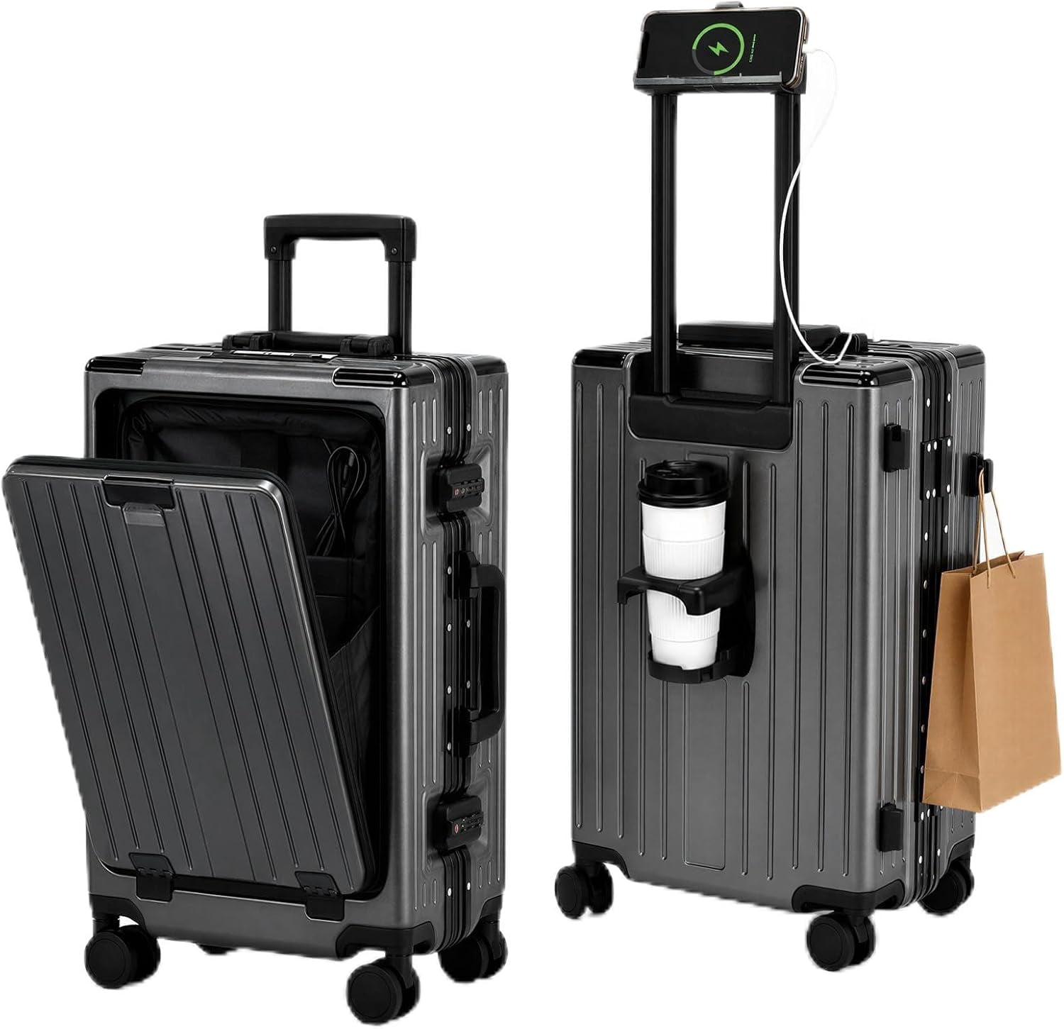 Carry On Luggage with Front Pocket,Zipperless Suitcase, Black, 20 inch