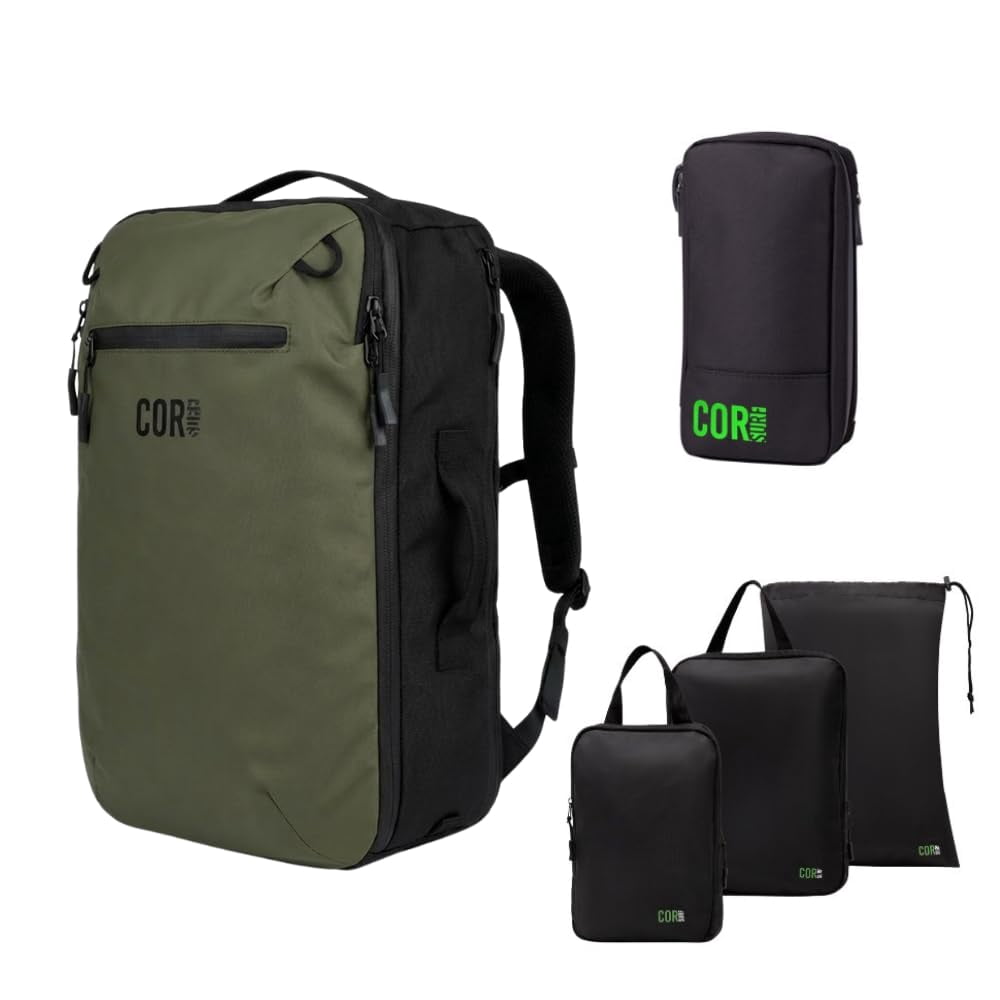 Carry On Travel Backpack Bundle | Island Hopper Travel Backpack with Toiletry Bag and Compression Packing Cube Set (28L, Green)