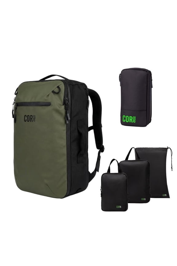Carry On Travel Backpack Bundle | Island Hopper Travel Backpack with Toiletry Bag and Compression Packing Cube Set (28L, Green)
