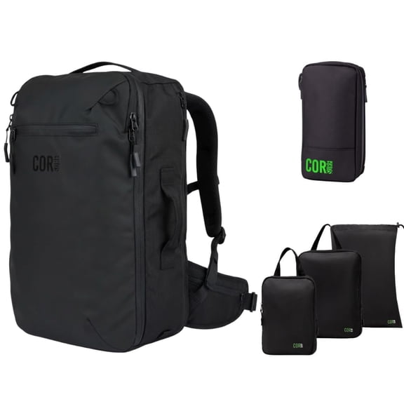 Carry On Travel Backpack Bundle | Island Hopper Travel Backpack with Toiletry Bag and Compression Packing Cube Set (40L, Black)
