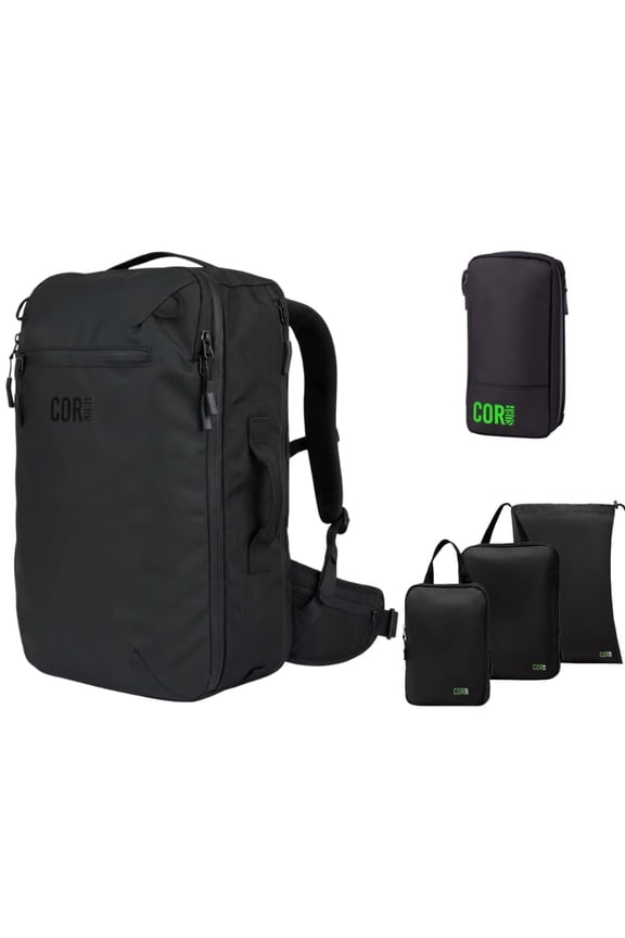 Carry On Travel Backpack Bundle | Island Hopper Travel Backpack with Toiletry Bag and Compression Packing Cube Set (40L, Black)