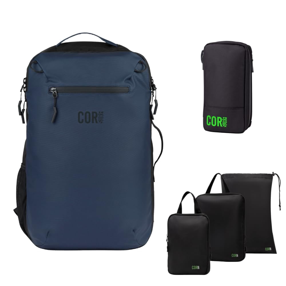 Carry On Travel Backpack Bundle | Island Hopper Travel Backpack with Toiletry Bag and Compression Packing Cube Set (40L, Navy Blue)
