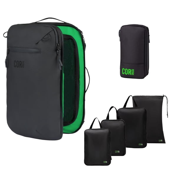 Carry On Travel Backpack Bundle | Island Hopper Travel Backpack with Toiletry Bag and Compression Packing Cube Set (Black with 4 Piece, 28L)