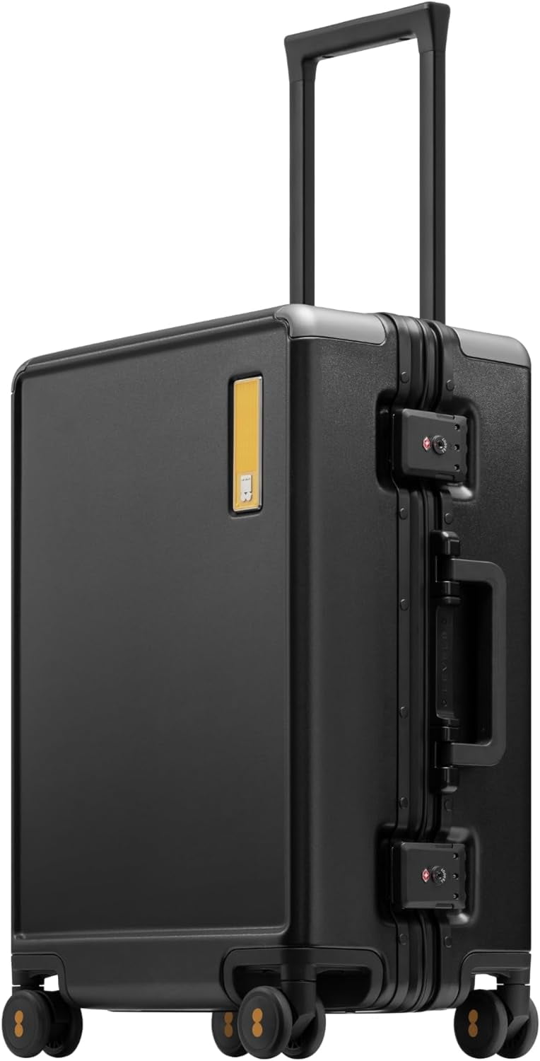Carry On Suitcase Airline Approved with Aluminum Frame, Lightweight Hard Shell Luggage with Spinner Wheels, Metal Travel Luggage with Double Tsa Locks, 20 Inch, Black