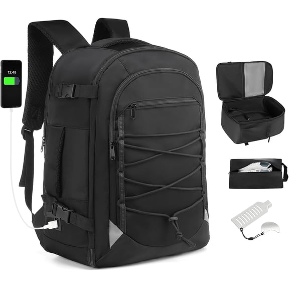 Carry Travel Backpack, Flight Approved Personal Item Bag for Men Women, Door Lock, USB A/C Port, Shoe Bag, Fits 16" Laptop, Black