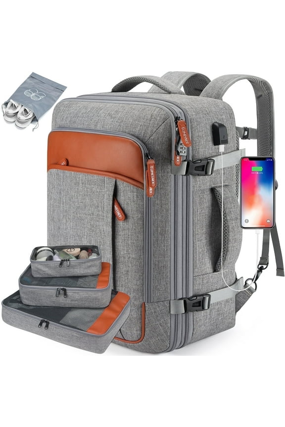 Carry on Travel Backpacks, Extra Large 40L Flight Approved bag for Men & Women,Expandable Suitcase With 4 Packing Cubes,Water Resistant Luggage Daypack Business Weekender Bag,Grey