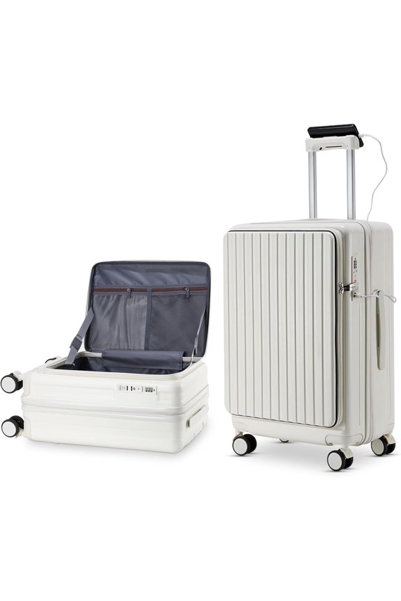 Carry-on with Cup Holder & USB Port Carry on Luggage Durable Luggage Suitcase Lightweight Hardside Luggage with TSA lock & Phone Holder 360° double spinner Wheels (White=20Inch, Small)