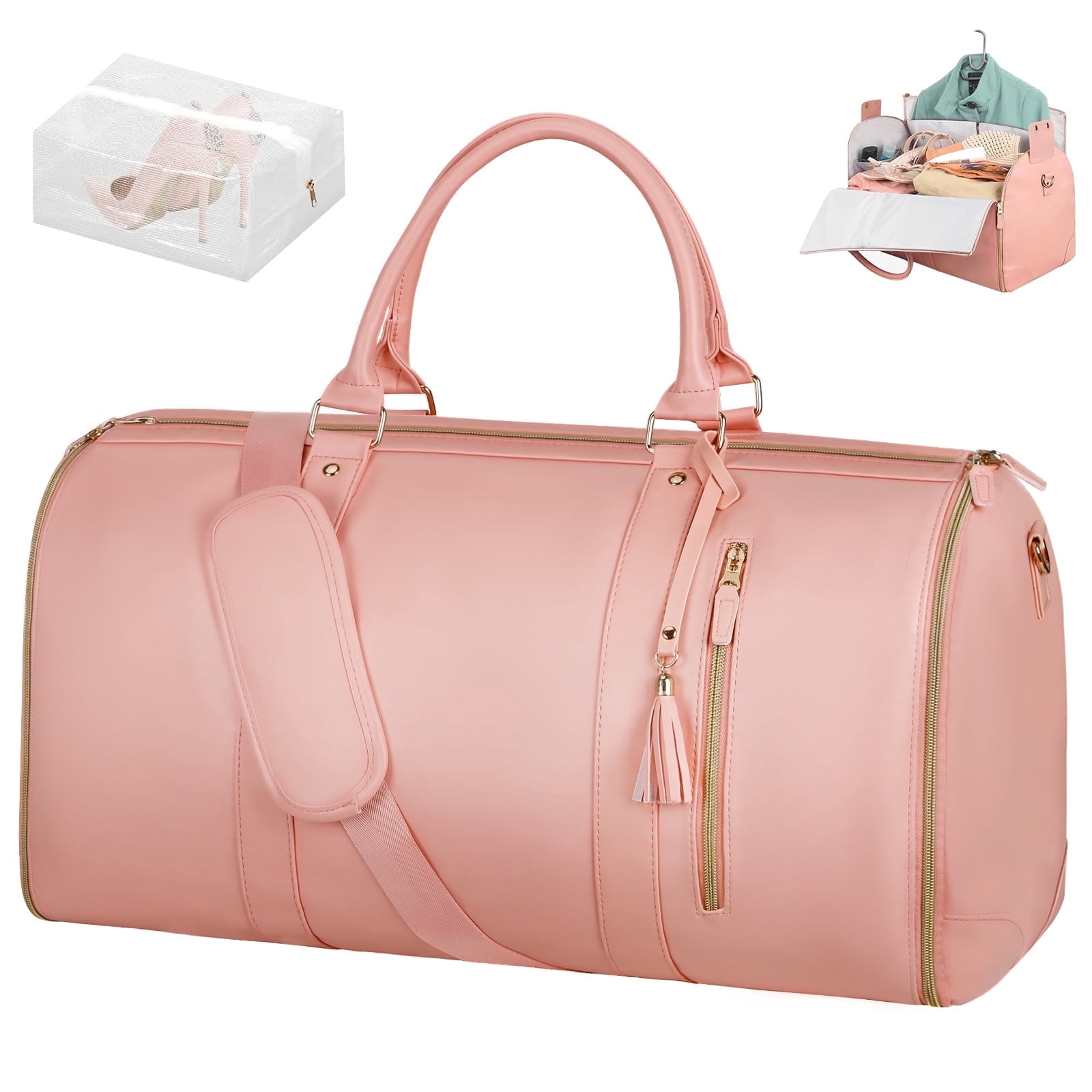 Convertible Travel Garment Bag, Carry On Garment Bag for Travel Convertible Leather Garment Duffle Bag Suit Bags for Women Men, 2 in 1 Hanging Dress Suitcase Business Travel Bag with Shoe Pouch, Pink