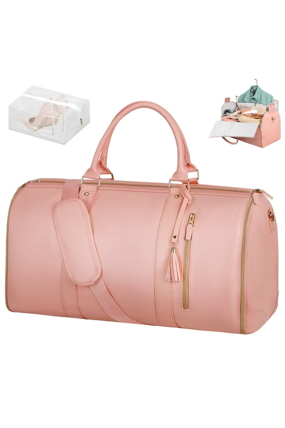 Convertible Travel Garment Bag, Carry On Garment Bag for Travel Convertible Leather Garment Duffle Bag Suit Bags for Women Men, 2 in 1 Hanging Dress Suitcase Business Travel Bag with Shoe Pouch, Pink