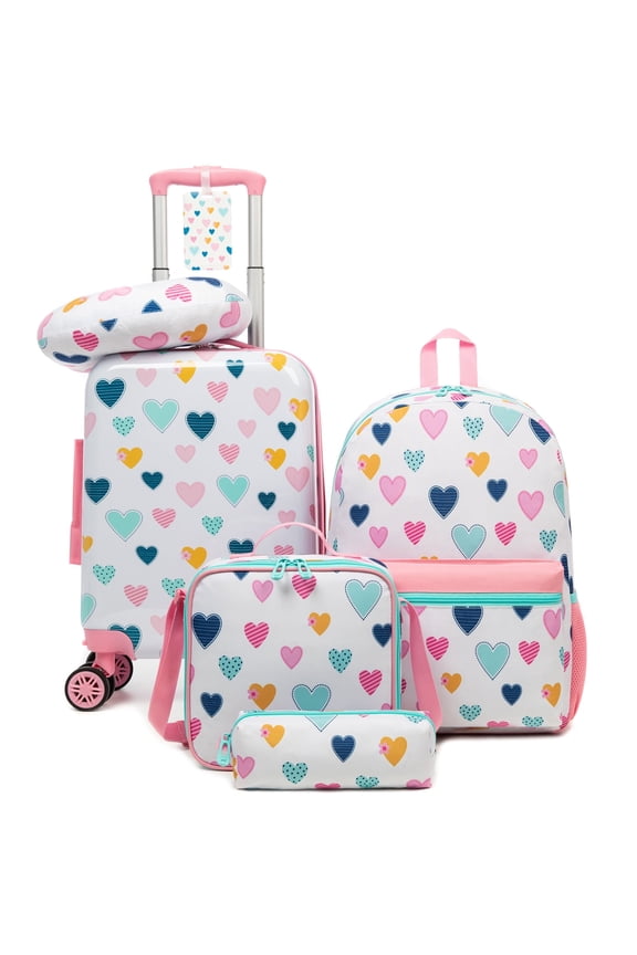 Carry on Hardshell Luggage Sets with Wheels Travel Essentials for Kids,Suitcases for Girls with Wheels Travel Pillow Airline Approved 16 Inch