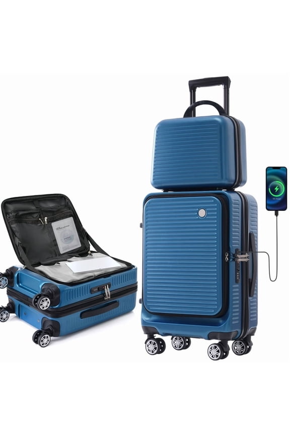 Carry-on Luggage 20 Inch Front Open Luggage Lightweight Suitcase with Front Pocket and USB Port, 1 Portable Carrying Case