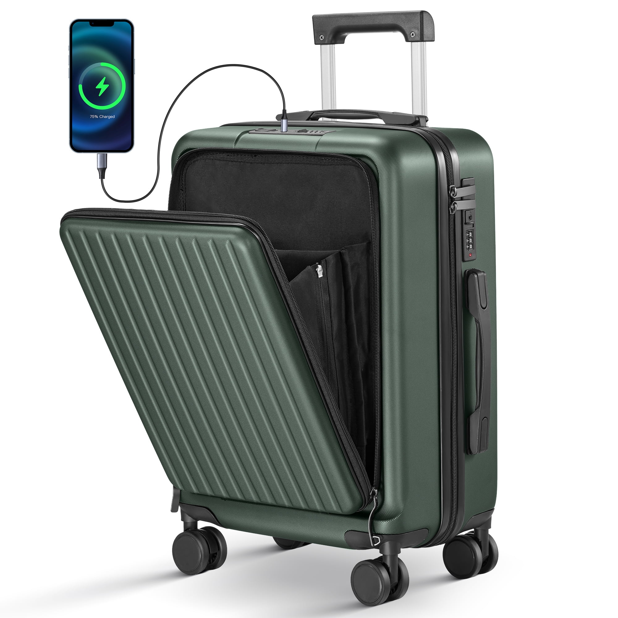 Carry on Luggage 22 X 14 X 9 Airline Approved 20 Inch Suitcase with Front Compartment Double Spinner Wheels with Lock ABS Material Dark Green
