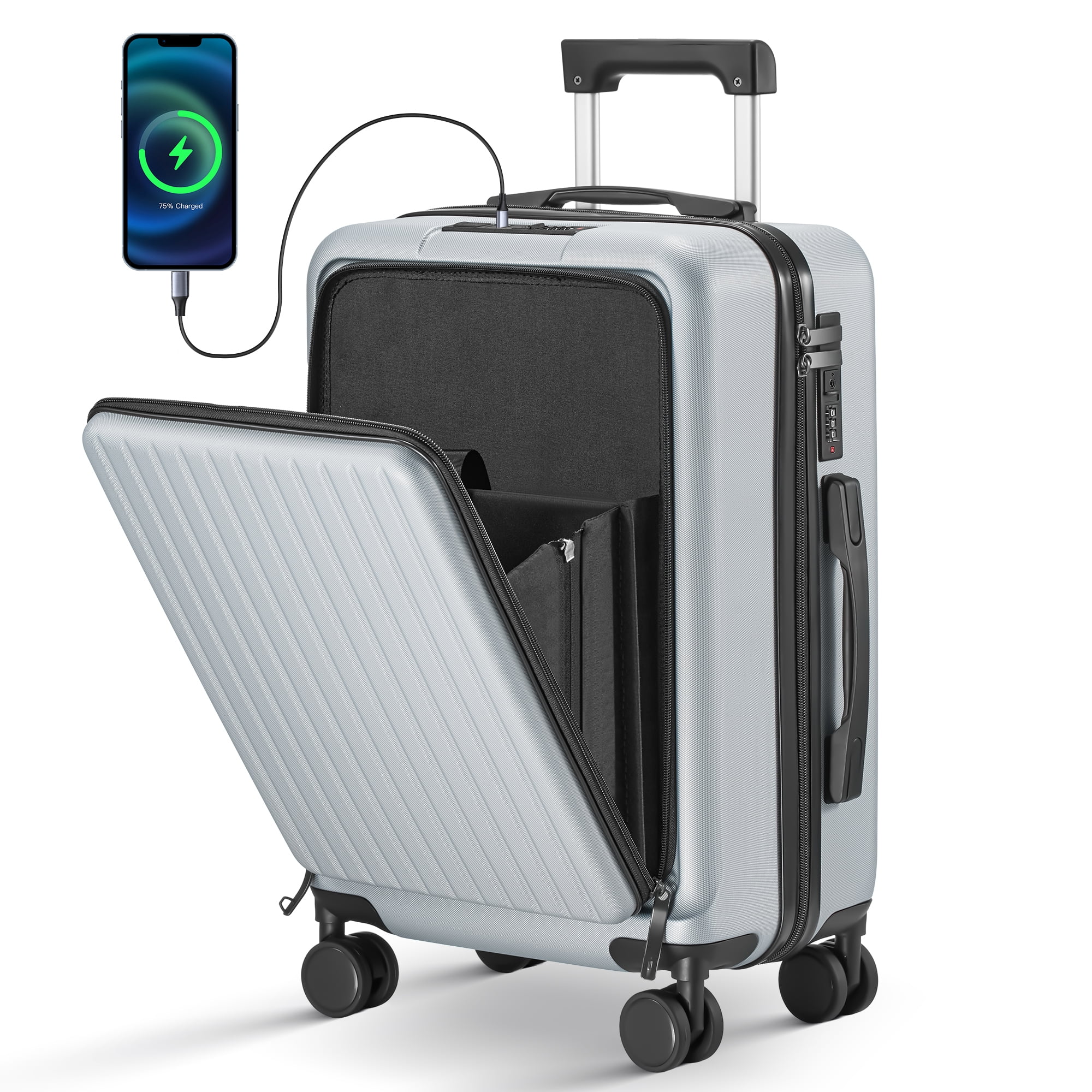 Carry on Luggage 22 X 14 X 9 Airline Approved 20 Inch Suitcase with Front Compartment Double Spinner Wheels with Lock ABS Material Silver Walmart
