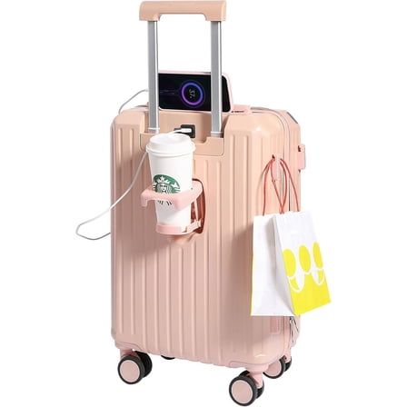 Carry-on Luggage with Cup Holder & USB Charging Port, Hard Side Luggage with Spinner Wheels, Lightweight Luggage for Travel, Business (Pink, Carry-On 20-Inch)