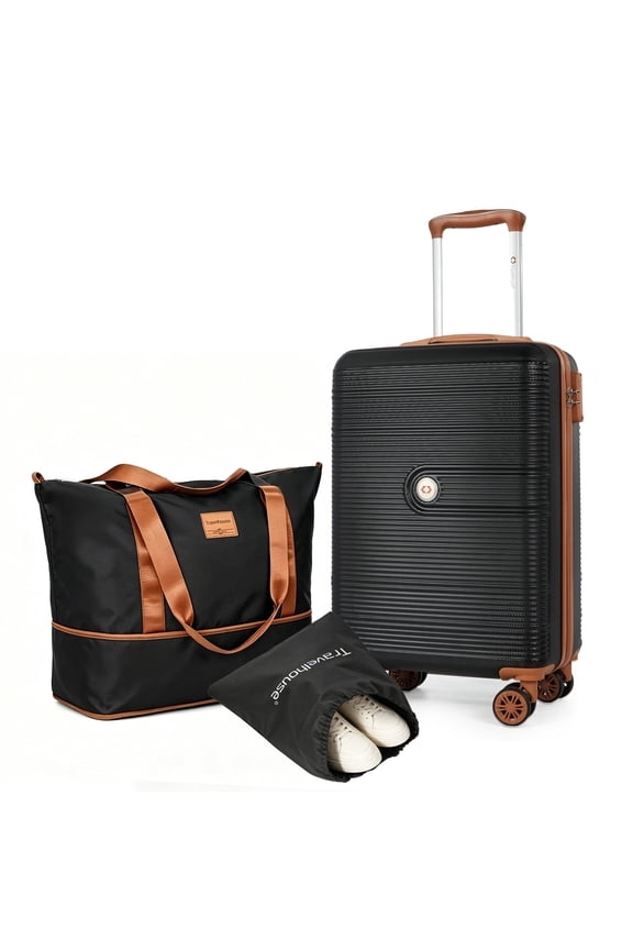 3-Piece Hardside Spinner Carry on Luggage Set with TSA Lock and Travel Bag, Black