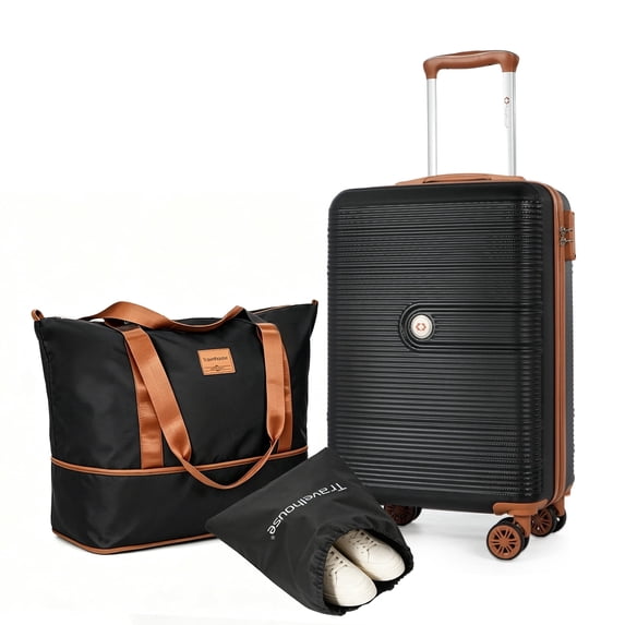 Travelhouse 3-Piece Hardside Spinner Carry on Luggage Set with TSA Lock and Travel Bag, Black