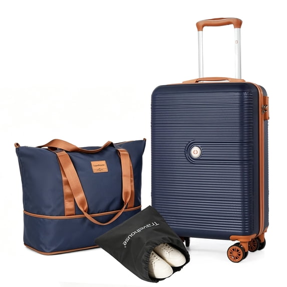 Travelhouse 3-Piece Hardside Spinner Carry on Luggage Set with TSA Lock and Travel Bag, Blue