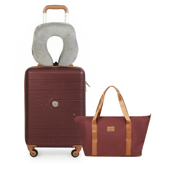 Travelhouse Carry on Luggage Set 3 Piece hardshell TSA Lock Spinner Wheels Suitcase with Travel Bag and Neck Pillow.(Wine Red)