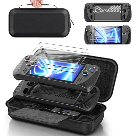 Carrying Case 3 in 1 Accessories Set Compatible with ROG Ally X 2024 Black, Included EVA Carrying Case, Soft Silicone Protective Cover und 2 Pack Screen Protector