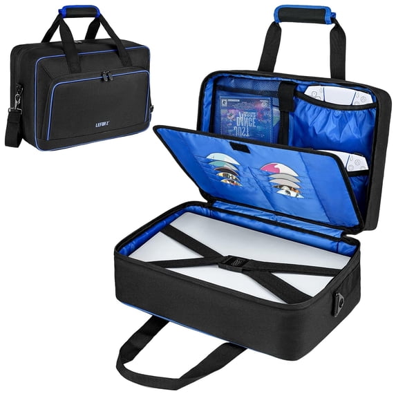 Carrying Case Compatible with PS5/PS5 Pro/PS4,17 Pockets Travel Storage Bag with Thick Padding Compatible with PS5 Digital Edition,Controller,Game Discs,Charger & Accessories,Black,Blue
