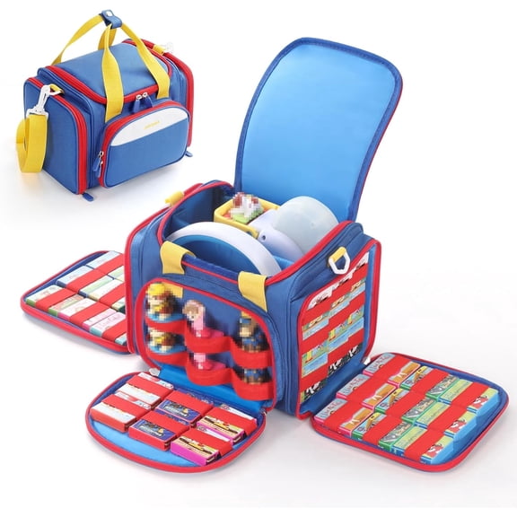 Carrying Case Fit for Little Tikes Story Dream Machine Books Starter Set and Headphone,Portable Storage Bag with 48 Elastic Straps for Audio Story Books & Little Figures, Blue&Yellow(Patent Design)