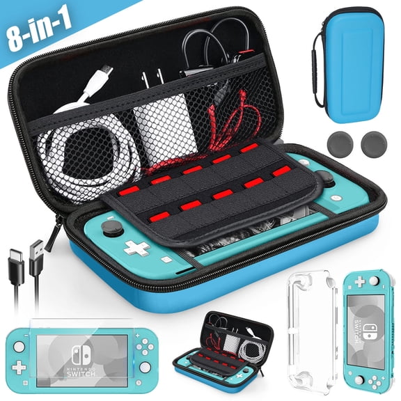 Carrying Case Fit for Nintendo Switch Lite, 8-in-1 Accessory Bundle for Switch Lite with Tempered Glass Screen Protector, Clear Protective Case, Charging Cable, Thumbstick Caps