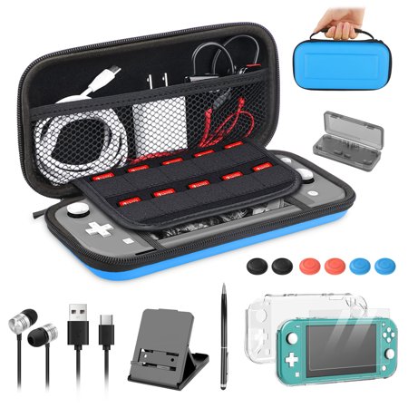 TSV Carrying Case Fit for Nintendo Switch Lite, 15-in-1 Accessories Bundle with Clear Protective Case, Screen Protector, Charging Cable, Thumbstick Caps, Stylus, Earphone, Stand