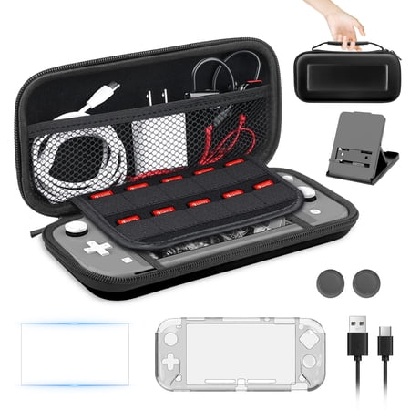 TSV Carrying Case Fit for Nintendo Switch Lite, 9-in-1 Accessories Bundle with Clear Protective Case, Screen Protector, Charging Cable, Thumbstick Caps, Stand
