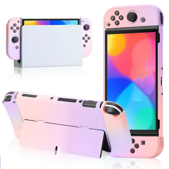Carrying Case Fit for Nintendo Switch OLED Console(2021), Protective Hard Portable Travel Carry Case Shell Pouch with Pockets for Accessories and Games - Pink Purple