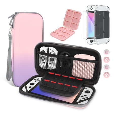 TSV Carrying Case Fit for Nintendo Switch OLED, 10-in-1 Accessories Bundle Kit with Dockable Protective Case Cover, Screen Protector, Game Card Case, Thumbstick Caps