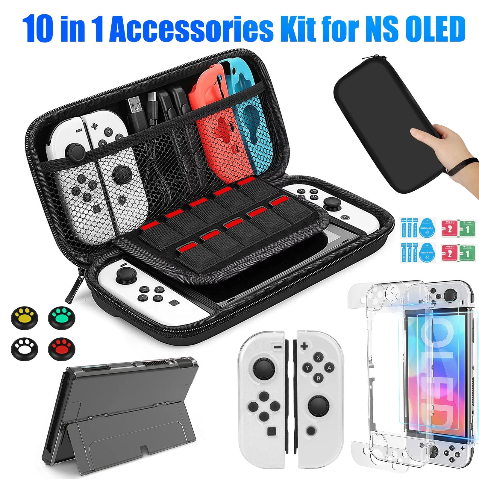 Carrying Case Kit for Nintendo Switch OLED 2021 HFDR 10 in 1 Accessories Bundle Including Portable Travel Hard Bag with 10 Game Slots 2 Screen