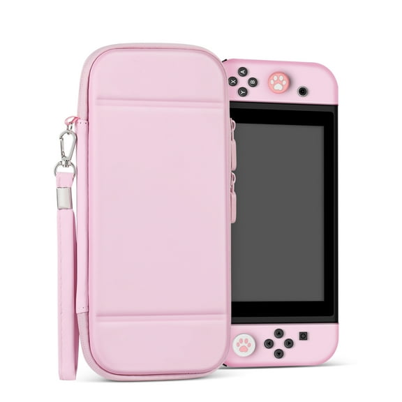 Carrying Case For Nintendo Switch - Easy Carry Switch OLED Travel Case With Removable Wristlet Strap, Slim Case for Nintendo Switch with 10 Game Card Storage & 4x Thumb Grip Caps, Light Pink