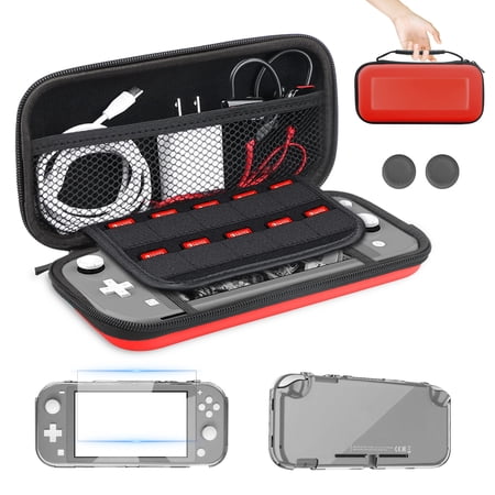TSV 7-in-1 Carrying Case Fit for Nintendo Switch Lite, Accessories Kit with Protective Travel Bag, Screen Protector, Clear Cover Case, Thumb Caps