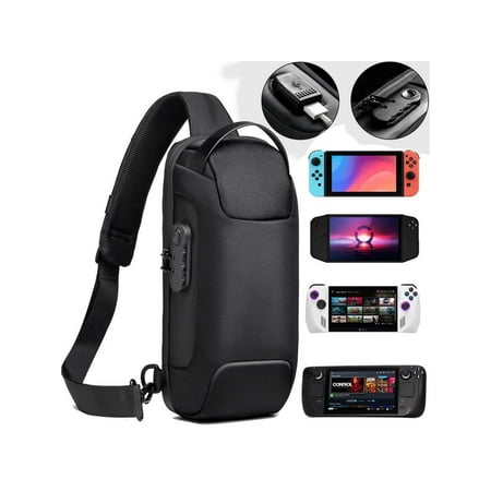 Carrying Case for Switch/Steam Deck/Steam Deck OLED/Legion Go/ROG Ally Gaming Handheld and Accessories Chest Bag, Protective Hard Shell Travel Bag with Anti-theft Lock & USB Charging Port