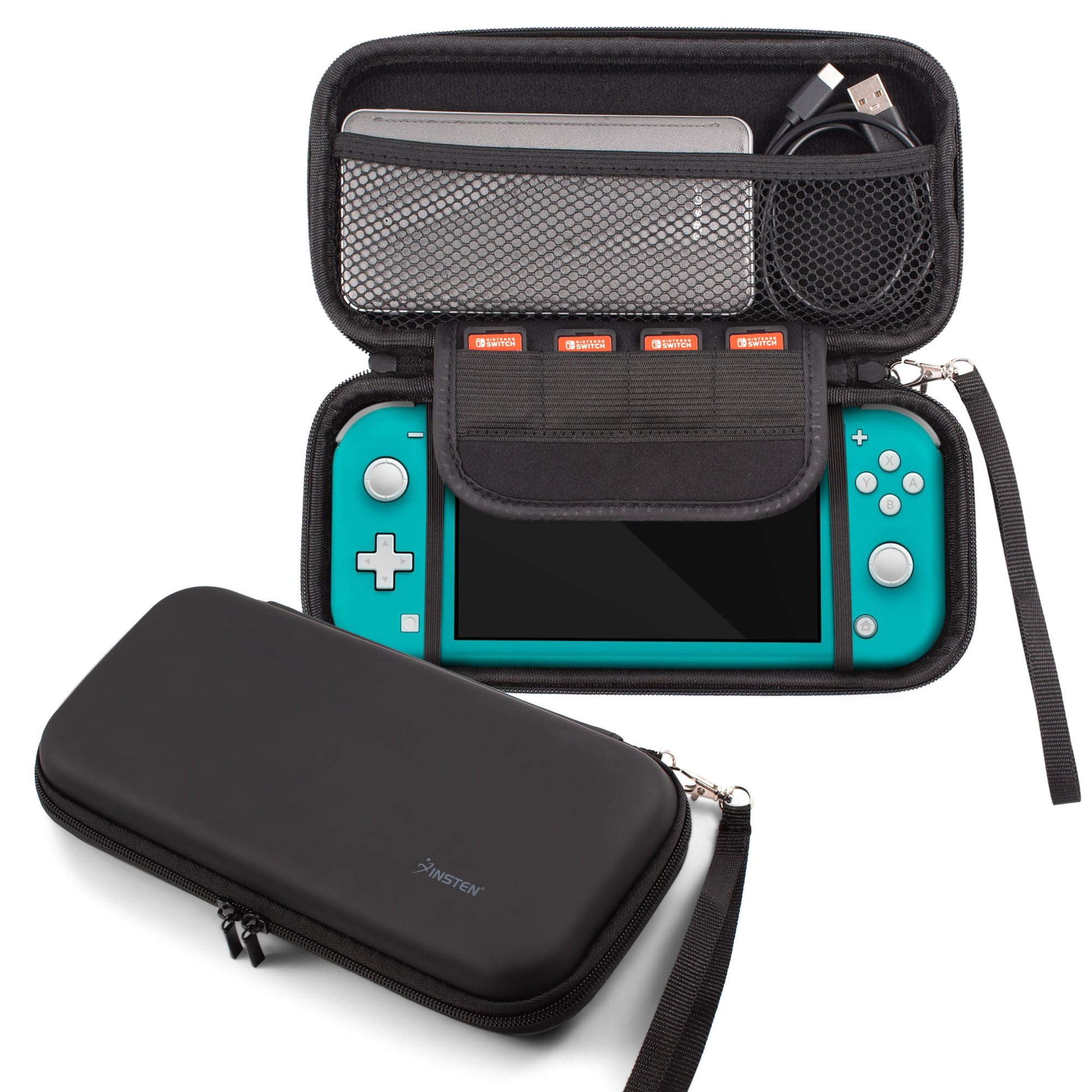 INSTEN Carrying Case for Nintendo Switch Lite 2019 and Accessories - EVA Hard Shell Protective Carry Case Travel Bag with Wrist Strap, Game Slot (Black)