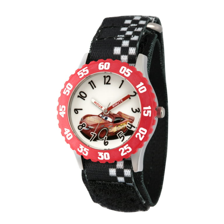 Cars 3 Lightning McQueen Boys' Stainless Steel Time Teacher Watch, Red  Bezel, Black Hook and Loop Nylon Strap with White Plaid Printing 