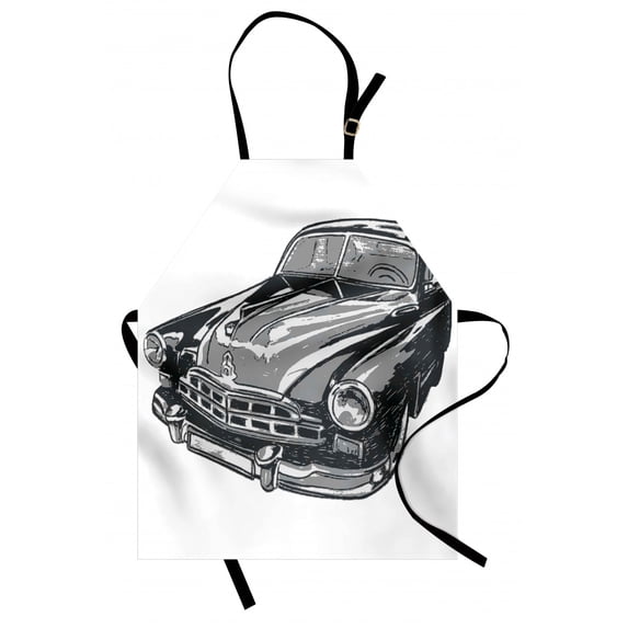 Cars Apron, Hand Drawn Vintage Vehicle with Detailed Front Part Hood Lamps Rear View Mirror, Unisex Kitchen Bib with Adjustable Neck for Cooking Gardening, Adult Size, Grey Blue Grey, by Ambesonne