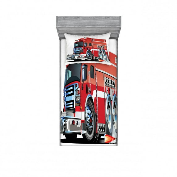 Cars Bedding Set with Sheet & Covers, Big Fire Truck Emergency Equipments Universal Safety Rescue Team Engine Cartoon, Printed Bedroom Decor 2 Shams, 4 Sizes, Red Grey, by Ambesonne