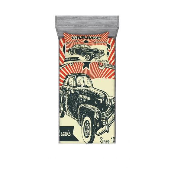 Cars Bedding Set with Sheet & Covers, Retro Car and Garage Advertising Poster Style Picture with Grunge Effects 1960s, Printed Bedroom Decor 2 Shams, 4 Sizes, Emerald Orange, by Ambesonne
